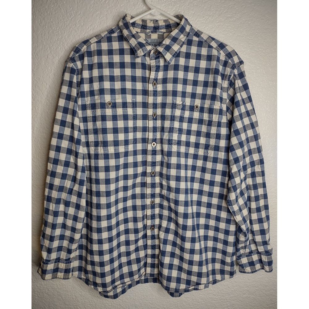 LL Bean Gingham Check Shirt Men's Large Blue White Metal Button Long Sleeve Prep